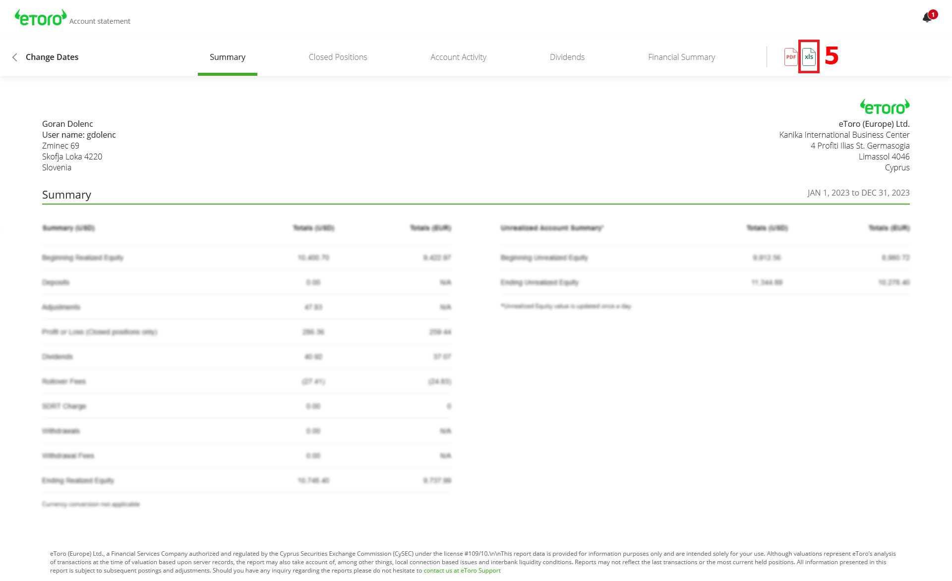 eToro - izvoz zgodovine trgovanja